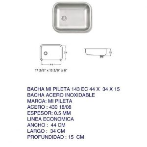 Bacha De Cocina Acero Inox Mi Pileta 143ec 44x34x15